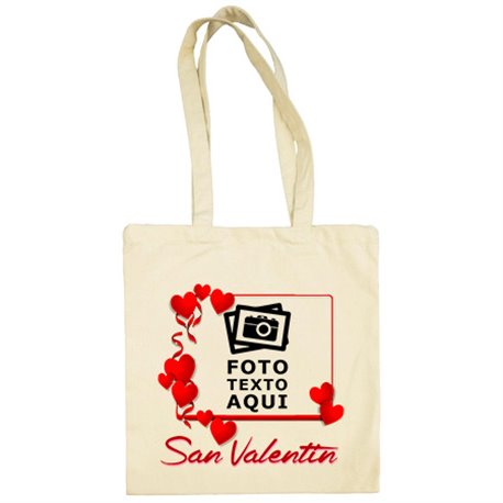 Bolsa de tela personalizada con foto marco corazones San Valentín