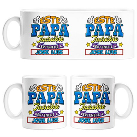 Taza personalizable con nombre ejemplo Este papá increíble pertenece a Pablo y Raúl