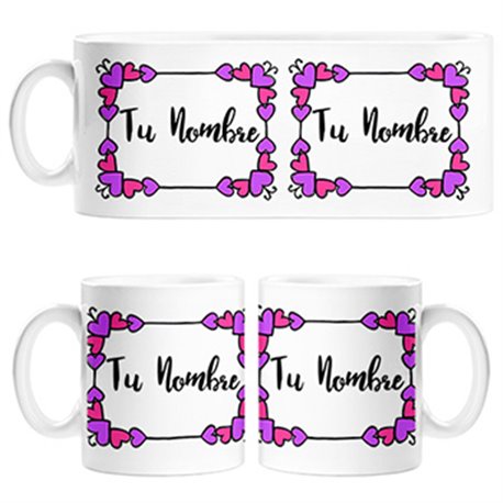 Taza marcos de corazones de dibujitos personalizable con nombre