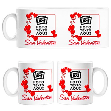 Taza personalizada con foto marco corazones San Valentín