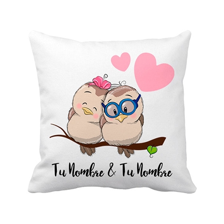 Cojín con relleno pajaritos enamorados personalizable con nombre