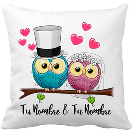 Cojín con relleno pareja casados boda buhos amor personalizable con nombre