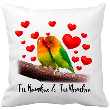 Cojín con relleno te quiero pareja periquitos personalizable con nombre