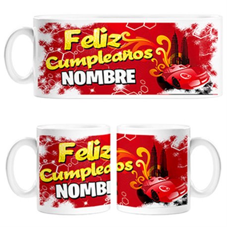 Taza personalizable con nombre feliz cumpleaños viajero en coche