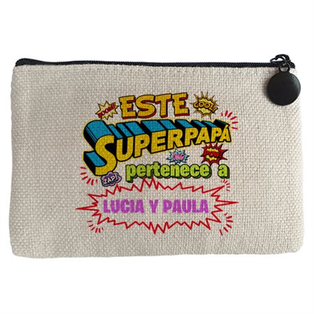Monedero personalizable con nombre ejemplo Este Super papá pertenece a Lucia y Paula