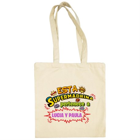 Bolsa de tela personalizable con nombre ejemplo Esta Super madrina pertenece a Juan y Susana