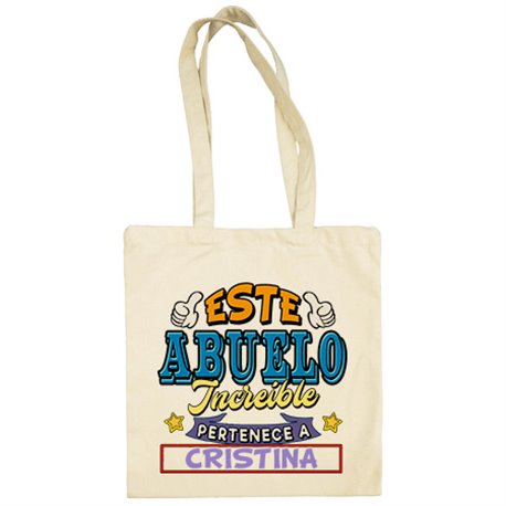 Bolsa de tela personalizable con nombre ejemplo Este abuelo increíble pertenece a Pablo y Carlos