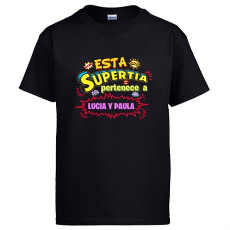 Camiseta personalizable con nombre ejemplo Esta Super Tía pertenece a Juan y Susana