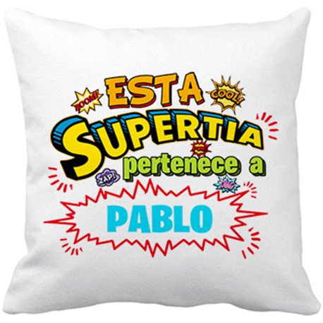 Cojín con relleno personalizable con nombre ejemplo Esta Super Tía pertenece a Juan y Susana