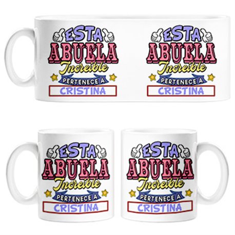 Taza personalizable con nombre ejemplo Esta abuela increíble pertenece a Pablo y Carlos