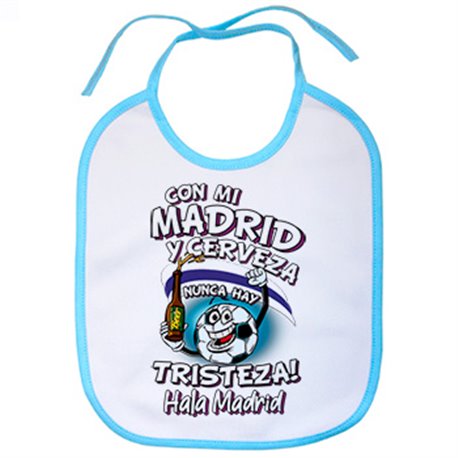 Babero frase con mi Madrid y cerveza nunca hay tristeza merengue fútbol