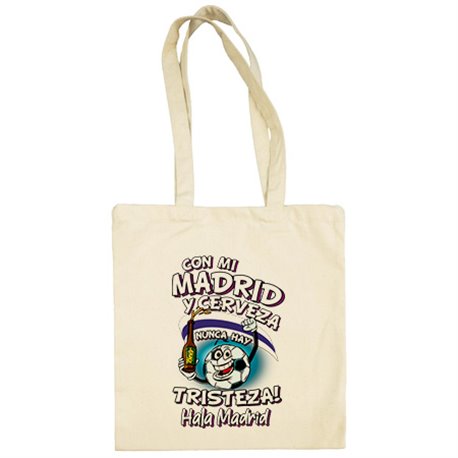 Bolsa de tela frase con mi Madrid y cerveza nunca hay tristeza merengue fútbol