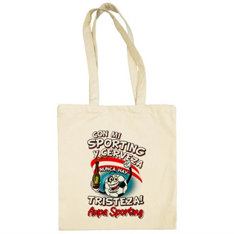 Bolsa de tela frase con mi Sporting y cerveza nunca hay tristeza Gijón fútbol