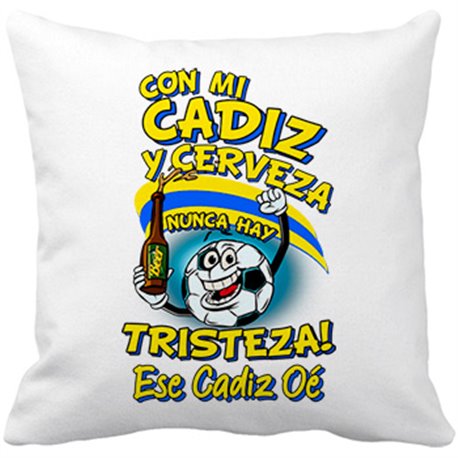 Cojín con relleno frase con mi Cádiz y cerveza nunca hay tristeza fútbol