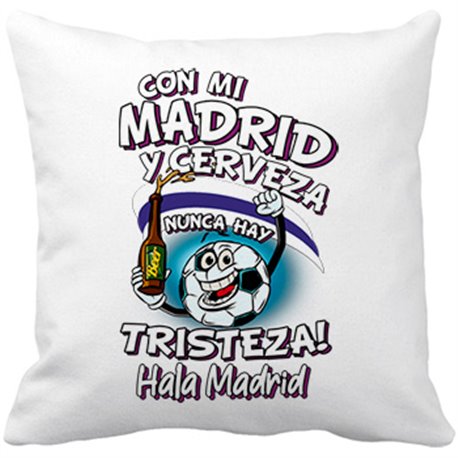 Cojín con relleno frase con mi Madrid y cerveza nunca hay tristeza merengue fútbol