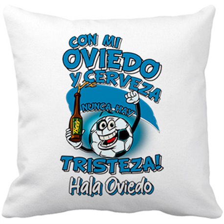 Cojín con relleno frase con mi Oviedo y cerveza nunca hay tristeza fútbol