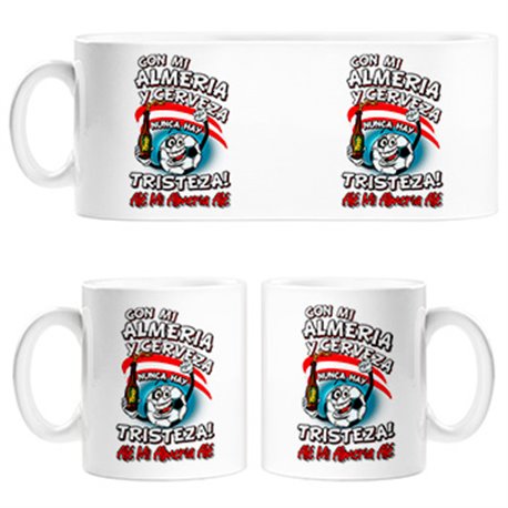 Taza frase con mi Almería y cerveza nunca hay tristeza fútbol