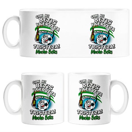 Taza frase con mi Betis y cerveza nunca hay tristeza fútbol
