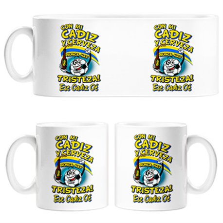 Taza frase con mi Cádiz y cerveza nunca hay tristeza fútbol