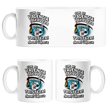 Taza frase con mi Valencia y cerveza nunca hay tristeza fútbol