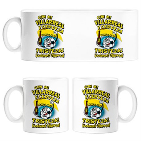 Taza frase con mi Villarreal y cerveza nunca hay tristeza fútbol