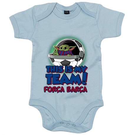 Body bebé parodia baby Yoda mi equipo de fútbol Força Barcelona - color Celeste,talla Talla unica 12 meses