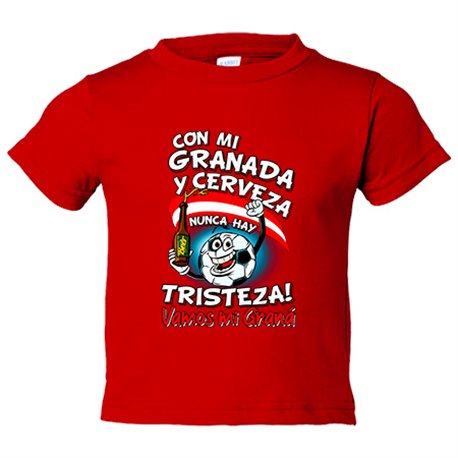 Camiseta bebé frase con mi Granada y cerveza nunca hay tristeza Graná fútbol
