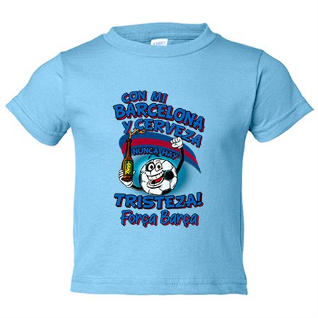Camiseta niño frase con mi Barcelona y cerveza nunca hay tristeza fútbol