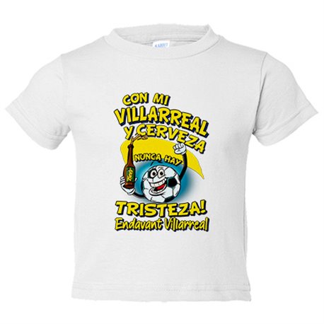 Camiseta niño frase con mi Villarreal y cerveza nunca hay tristeza fútbol