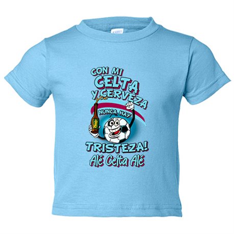 Camiseta bebé frase con mi Celta y cerveza nunca hay tristeza para aficionado al fútbol