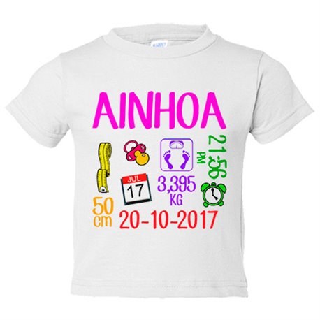 Camiseta bebé natalicio ficha personalizable de nacimiento niña recién nacida