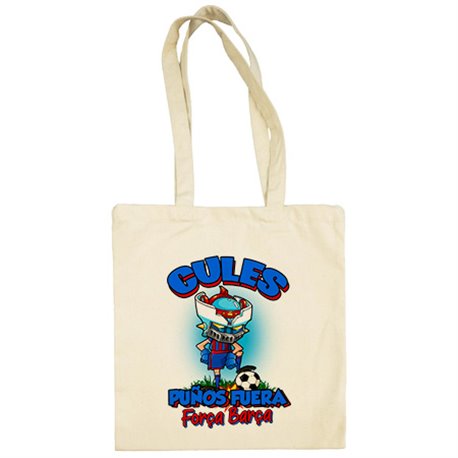 Bolsa de tela frase culés puños fuera parodia robot de los 80 para nostálgicos futboleros de Barcelona