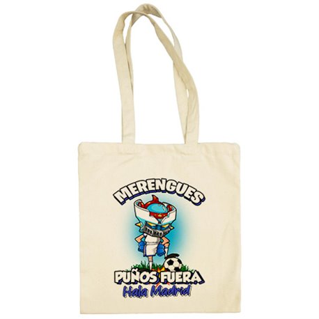 Bolsa de tela frase merengues puños fuera parodia robot de los 80 para nostálgicos futboleros de Madrid