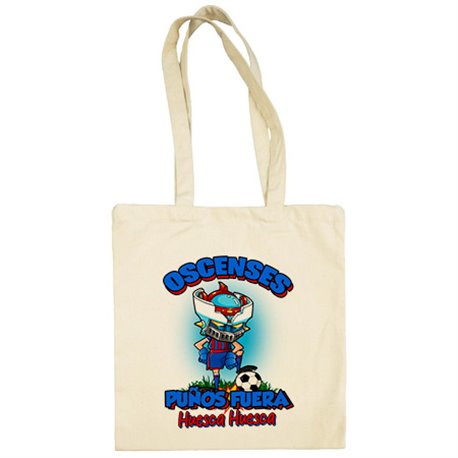 Bolsa de tela frase oscenses puños fuera parodia robot de los 80 para nostálgicos futboleros de Huesca