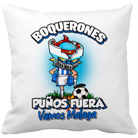 Cojín con relleno frase boquerones puños fuera parodia robot de los 80 para nostálgicos futboleros del Málaga