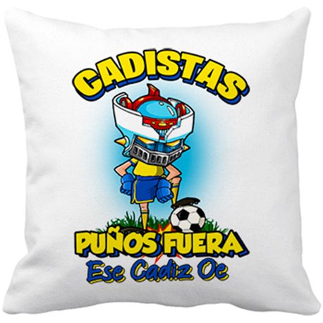 Cojín con relleno frase cadistas puños fuera parodia robot de los 80 para nostálgicos futboleros de Cádiz