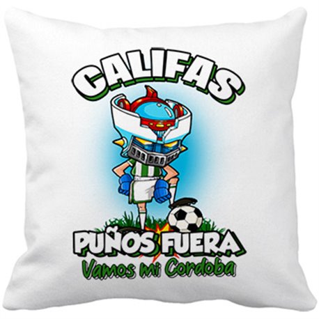 Cojín con relleno frase califas puños fuera parodia robot de los 80 para nostálgicos futboleros de Córdoba