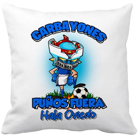 Cojín con relleno frase carbayones puños fuera parodia robot de los 80 para nostálgicos futboleros de Oviedo