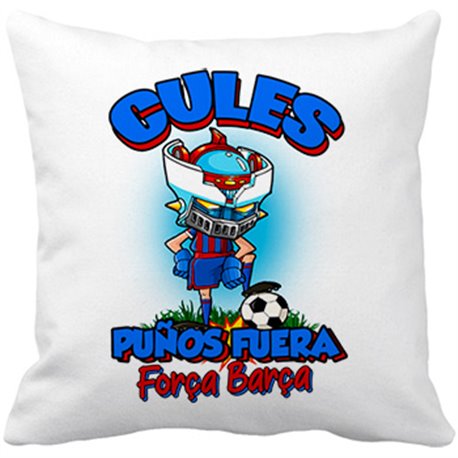 Cojín con relleno frase culés puños fuera parodia robot de los 80 para nostálgicos futboleros de Barcelona