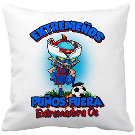 Cojín con relleno frase extremeños puños fuera parodia robot de los 80 para nostálgicos futboleros de Extremadura