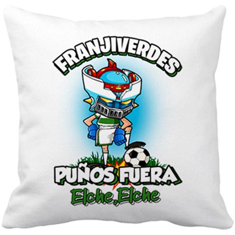 Cojín con relleno frase franjiverdes puños fuera parodia robot de los 80 para nostálgicos futboleros de Elche