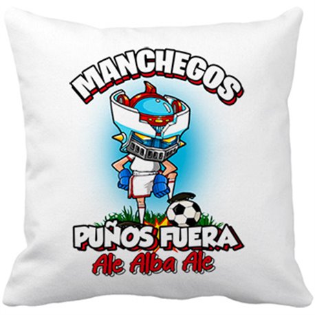 Cojín con relleno frase manchegos puños fuera parodia robot de los 80 para nostálgicos futboleros de Albacete