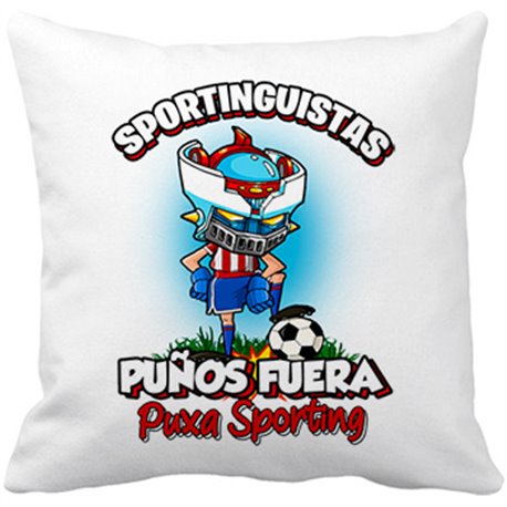 Cojín con relleno frase sportinguistas puños fuera parodia robot de los 80 para nostálgicos futboleros del Sporting