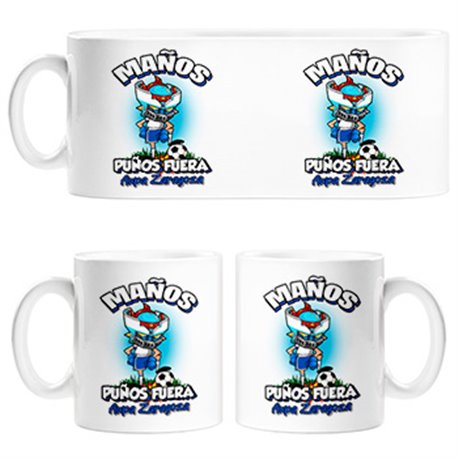 Taza frase maños puños fuera parodia robot de los 80 para nostálgicos futboleros de Zaragoza