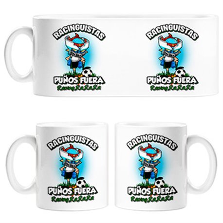 Taza frase racinguistas puños fuera parodia robot de los 80 para nostálgicos futboleros del Racing
