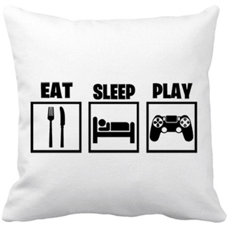 Cojín con relleno para gamers viciados de los videojuegos con frase Eat Sleep Play