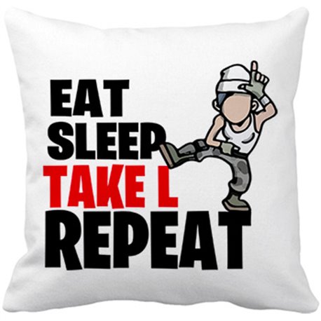 Cojín con relleno parodia pose baile gamer frase eat sleep Take L repeat