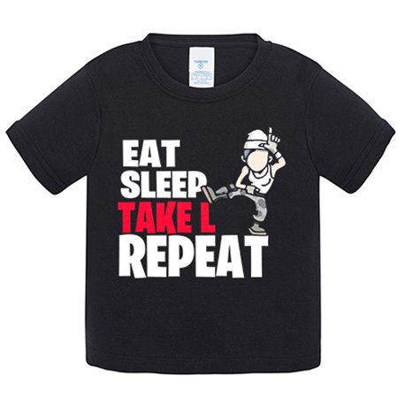 Camiseta bebé parodia pose baile gamer frase eat sleep Take L repeat