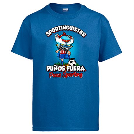 Camiseta frase sportinguistas puños fuera parodia robot de los 80 para nostálgicos futboleros del Sporting