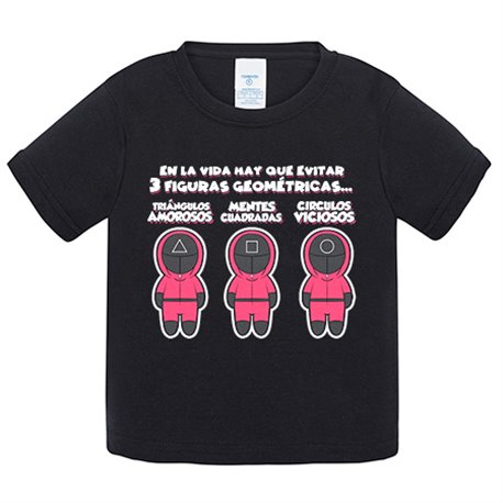 Camiseta bebé parodia del calamar con frase divertida de las tres figuras geométricas triángulo cuadrado círculo